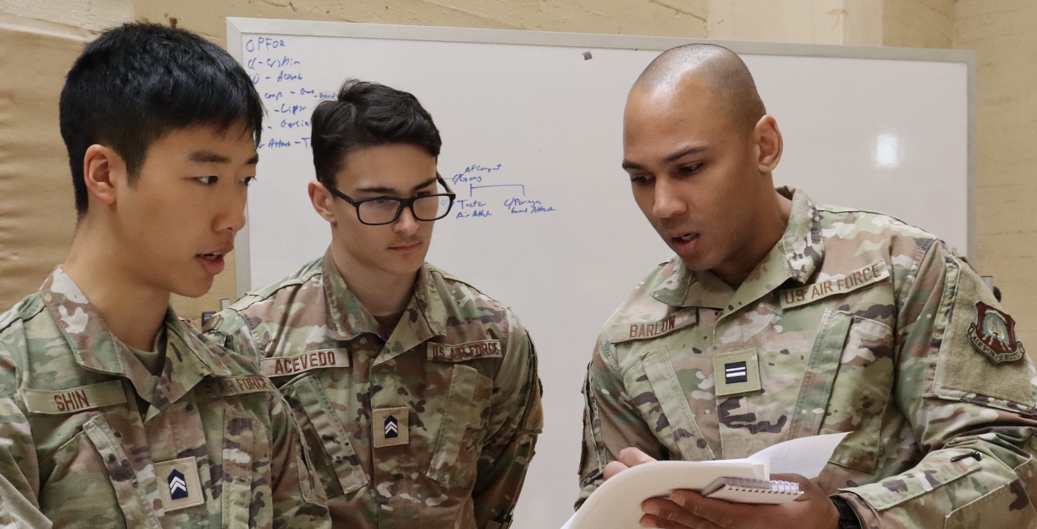 Cadets and administrative officer reviewing paperwork