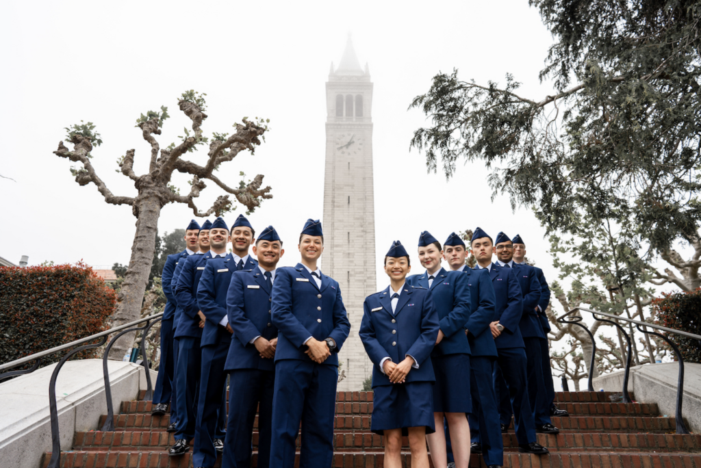 Group of Air Force cadets on stairs at Sather Tower